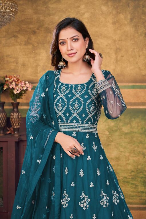 Beguiling Teal Color Net Fabric Function Look Anarkali Suit