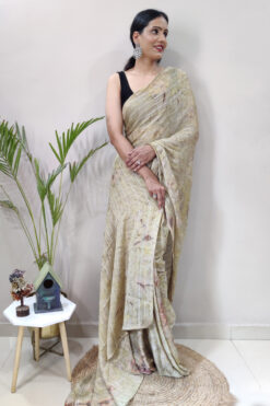 Tempting Dyed Printed Ready To Wear Chiffon Saree In Cream Color