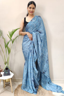 Sky Blue Color Glamorous Ready To Wear Chiffon Saree With Dyed Printed