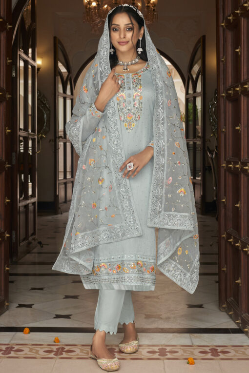 Attractive Festival Wear Grey Color Embroidered Georgette Salwar Suit