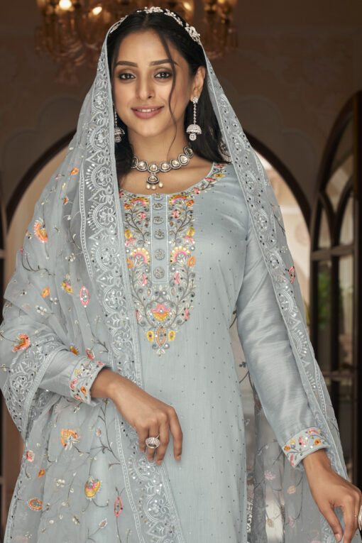 Attractive Festival Wear Grey Color Embroidered Georgette Salwar Suit
