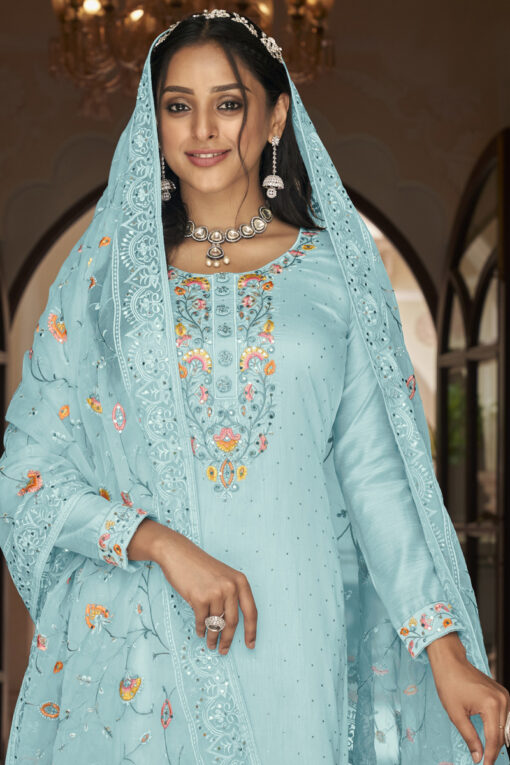 Graceful Festival Wear Embroidered Light Cyan Color Georgette Salwar Suit