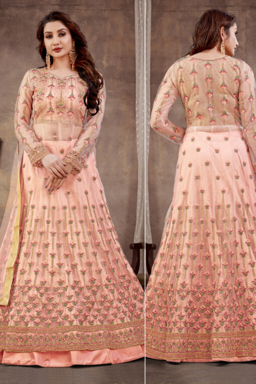 Peach Color Net Fabric Embroidered Work Awesome Anarklai Suit
