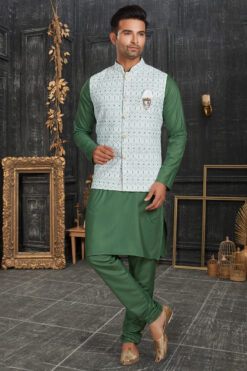 Green Color Cotton Fabric Luxurious Kurta Pyjama Jacket Set
