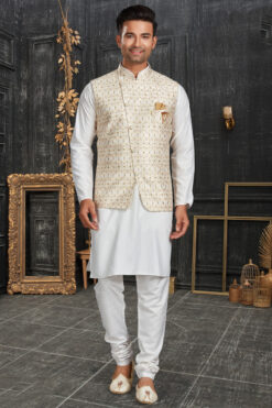 Incredible Cotton Fabric White Color Kurta Pyjama Jacket Set
