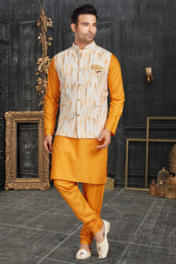 Mustard Color Kurta Pyjama Jacket Set In Soothing Cotton Fabric