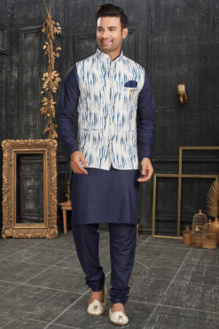 Aristocratic Navy Blue Color Cotton Fabric Kurta Pyjama Jacket Set