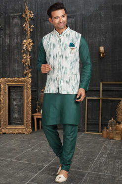 Elegant Dark Green Color Cotton Fabric Kurta Pyjama Jacket Set