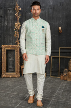 Off White Color Cotton Fabric Stunning Kurta Pyjama Jacket Set