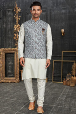 Cotton Fabric Off White Color Kurta Pyjama Designer Jacket Set