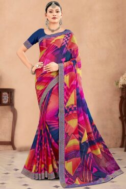 Appealing Banarasi Weaving Border Printed Chiffon Multi Color Saree