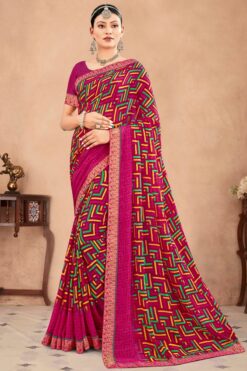 Maroon Color Bewitching Banarasi Weaving Border Printed Chiffon Saree