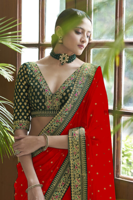 Silk Traditional Saree In Red With Embroidered Work