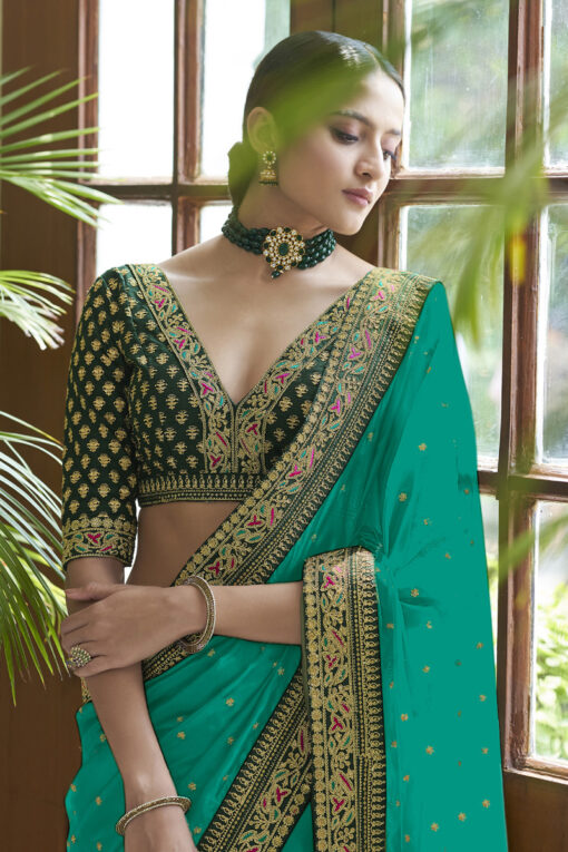 Silk Traditional Saree In Cyan Color With Thread Work