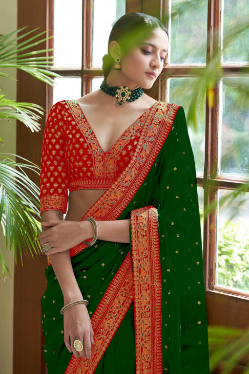 Silk Traditional Saree In Dark Green With Thread Work