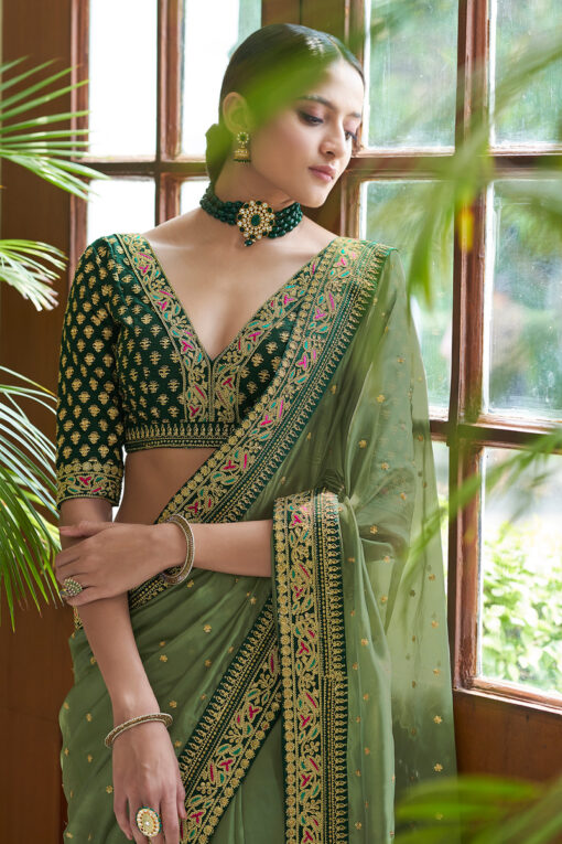 Silk Traditional Saree In Olive Color With Thread Work