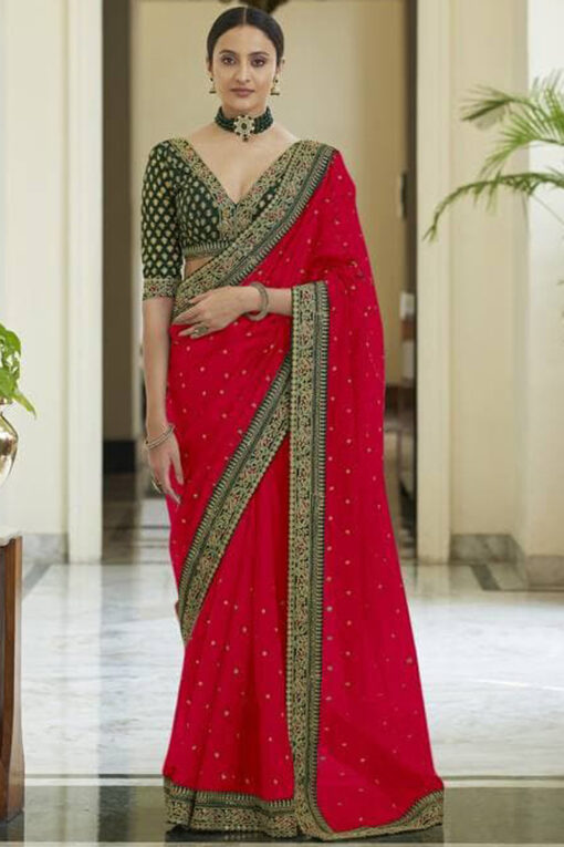 Art Silk Traditional Saree In Rani With Embroidered Work