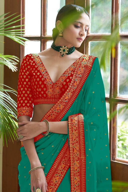 Silk Traditional Saree In Dark Cyan With Embroidered Work
