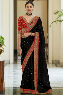 Silk Traditional Saree In Black Color With Thread Work