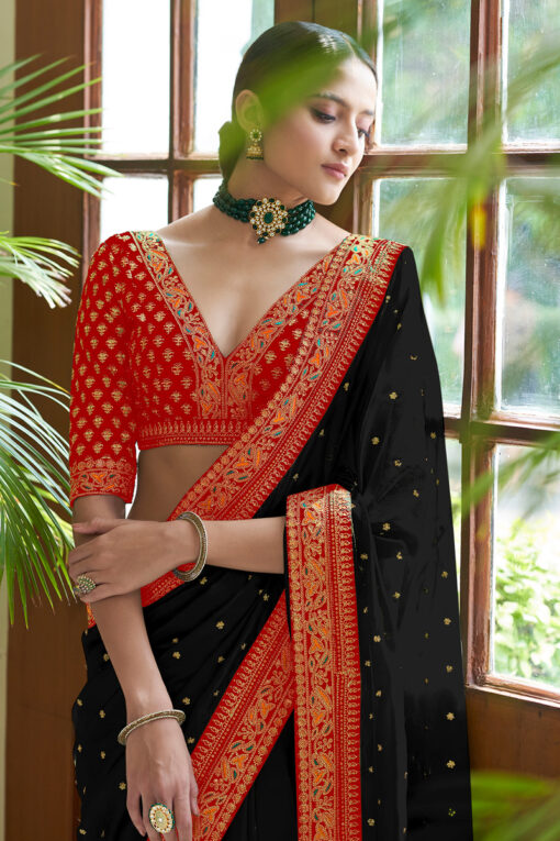 Silk Traditional Saree In Black Color With Thread Work