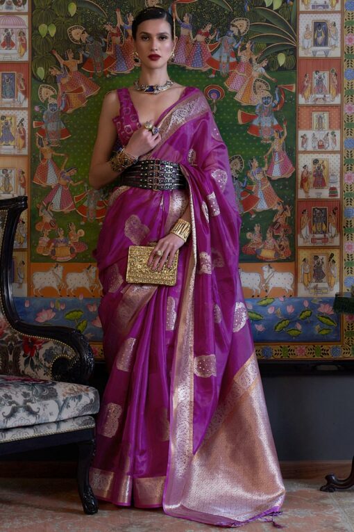 Organza Fabric Embellished Handloom Weaving Purple Color Saree