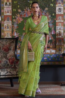 Ravishing Green Color Organza Fabric Handloom Weaving Saree