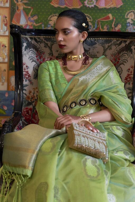 Ravishing Green Color Organza Fabric Handloom Weaving Saree