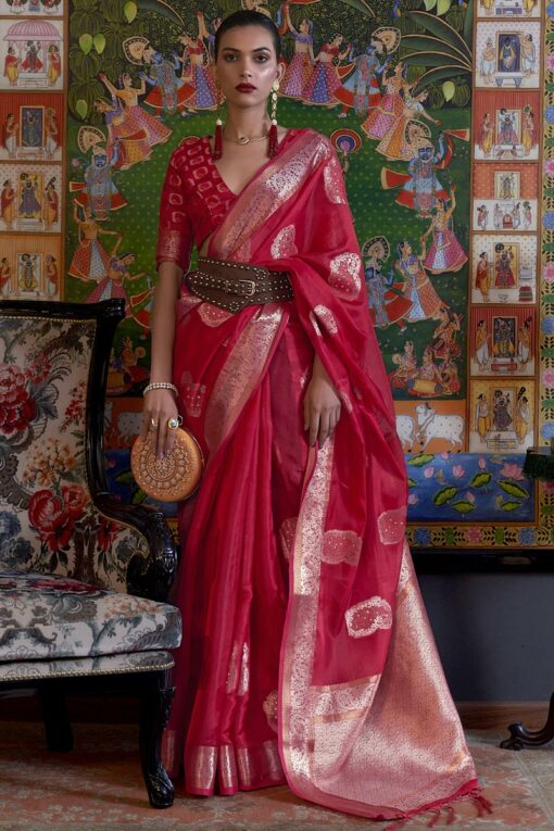 Red Color Organza Fabric Tempting Handloom Weaving Saree