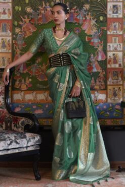 Organza Fabric Green Amazing Handloom Weaving Saree