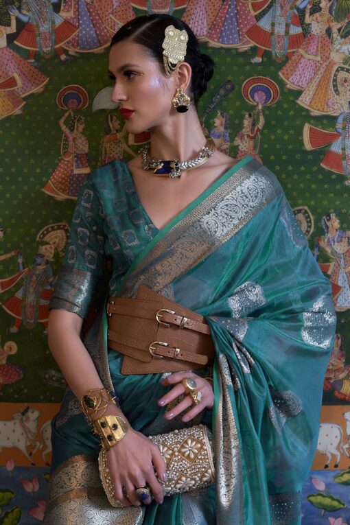 Organza Fabric Beguiling Teal Color Handloom Weaving Saree