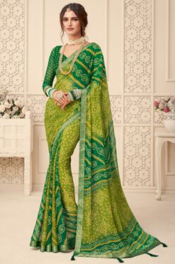 Vartika Singh Chiffon Bandhani Printed Saree In Green
