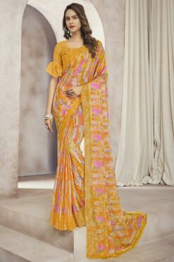 Orange Color Chiffon Fabric Chic Casual Look Printed Saree