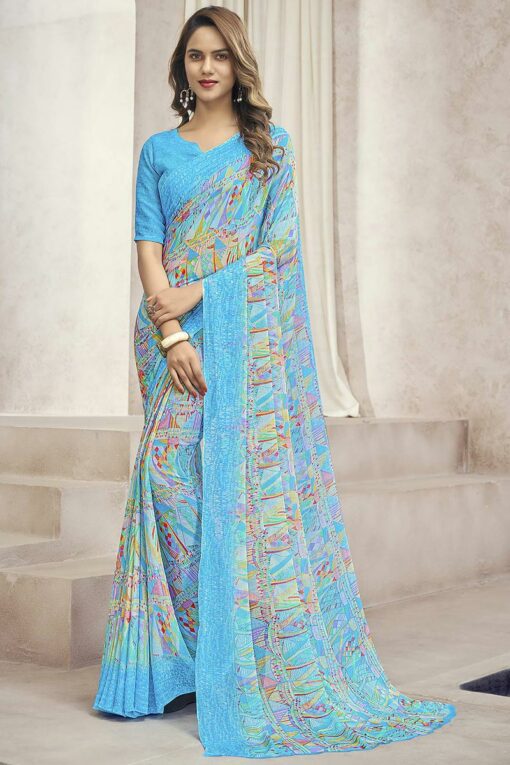 Chiffon Fabric Brilliant Casual Look Printed Saree In Cyan Color