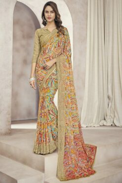 Chiffon Fabric Beige Color Soothing Casual Look Printed Saree