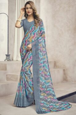 Chiffon Fabric Grey Color Fantastic Casual Look Printed Saree