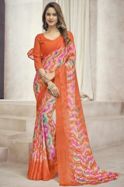 Peach Color Chiffon Fabric Awesome Casual Look Printed Saree