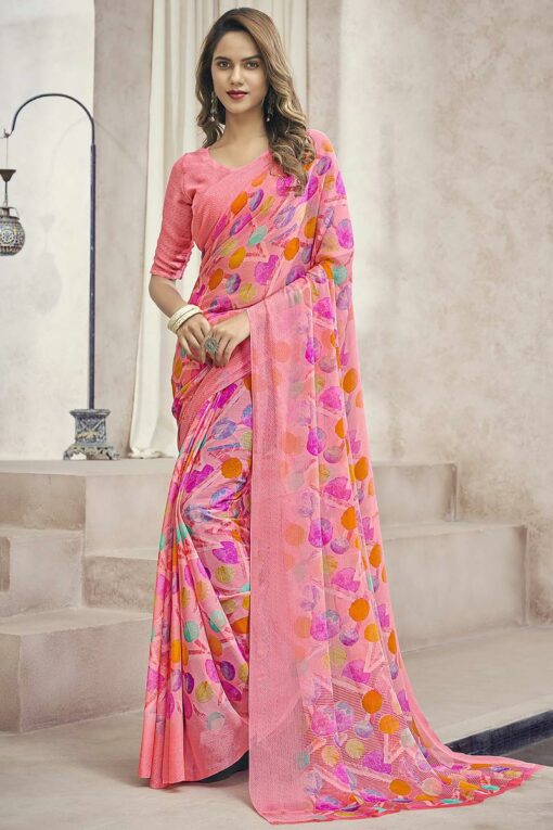 Chiffon Fabric Peach Color Enticing Casual Look Printed Saree