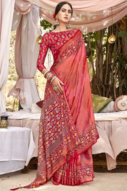 Brasso Fabric Red Color Elegant Printed Casual Look Saree