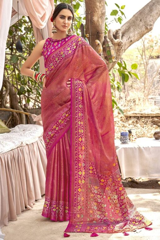 Printed Brasso Fabric Awesome Casual Look Pink Color Saree