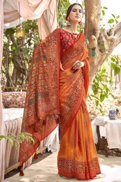 Stunning Printed Brasso Fabric Orange Color Casual Look Saree