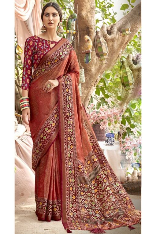 Dazzling Rust Color Printed Brasso Fabric Casual Look Saree