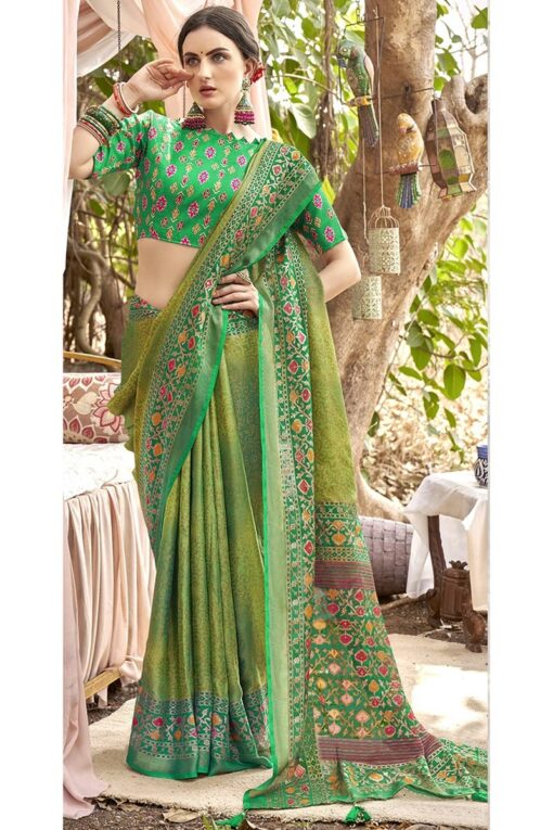 Bright Brasso Fabric Printed Green Color Casual Saree