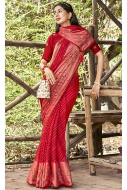 Precious Festive Look Red Color Printed Brasso Fabric Saree