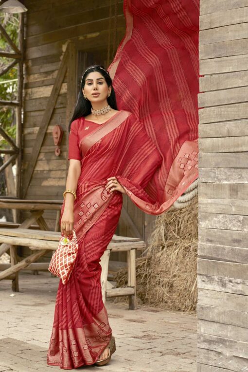 Adorning Red Color Festive Look Brasso Fabric Printed Saree