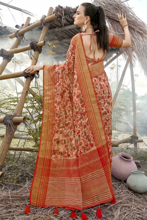 Linen Cotton Fabric Peach Color Delicate Saree With Printed Work