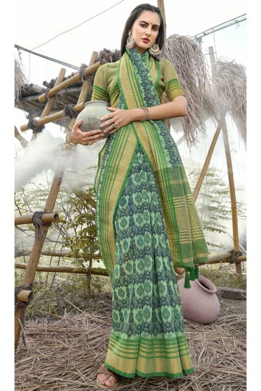 Sea Green Color Printed Work On Linen Cotton Fabric Stunning Saree