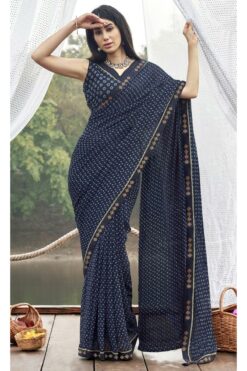 Tempting Georgette Fabric Navy Blue Color Printed Saree
