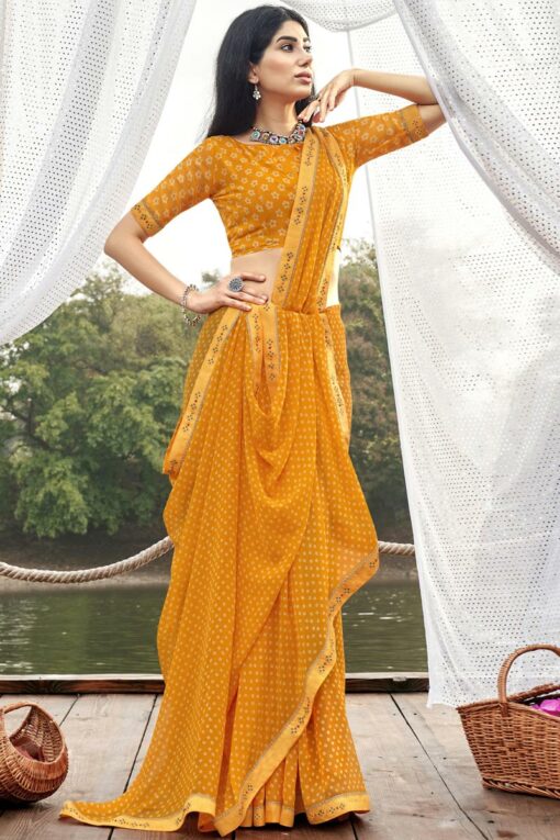 Printed Mustard Color Gorgeous Saree In Georgette Fabric