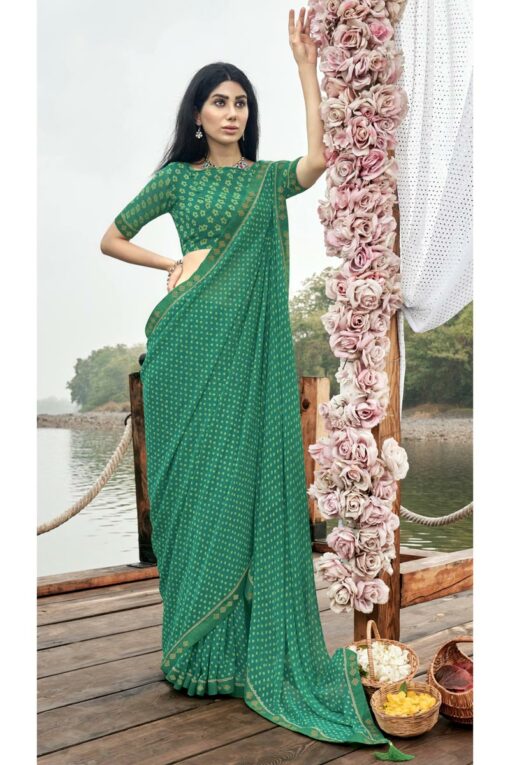 Printed Glamorous Saree In Green Color Georgette Fabric