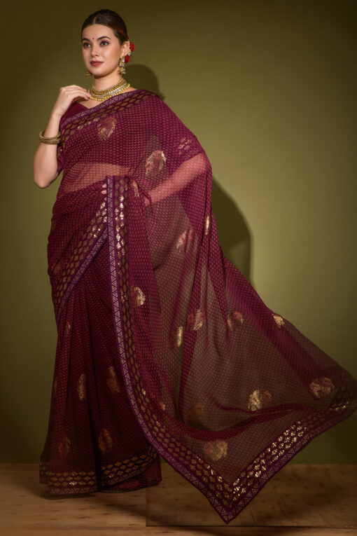 Georgette Wine Color Saree With Sequins Work